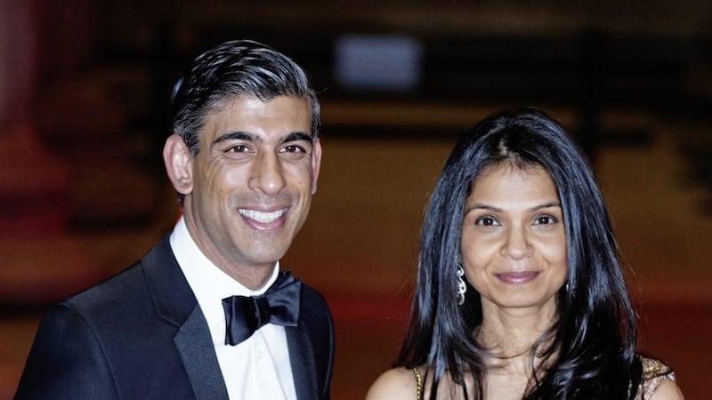 Chancellor of the Exchequer Rishi Sunak alongside his wife Akshata Murthy, after the Chancellor&#39;s family was accused of &quot;sheltering&quot; itself from paying tax in the UK after it emerged his wife holds non-domiciled status 
