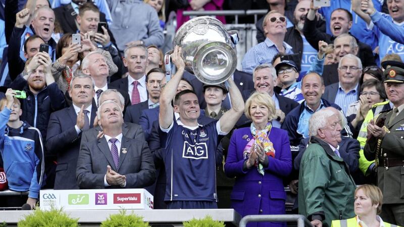 Stephen Cluxton lifts Sam Maguire for the third successive year Picture by Philip Walsh 
