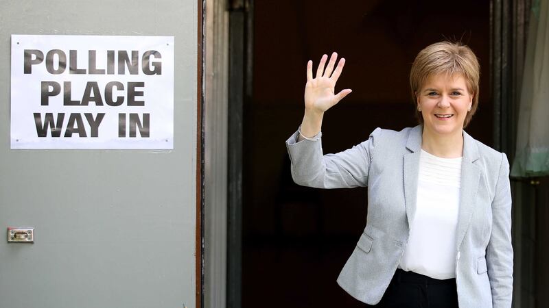 First Minister Nicola Sturgeon arrives to cast her vote at Broomhoouse Community Hall, Glasgow. Picture by Jane Barlow, Press Association&nbsp;