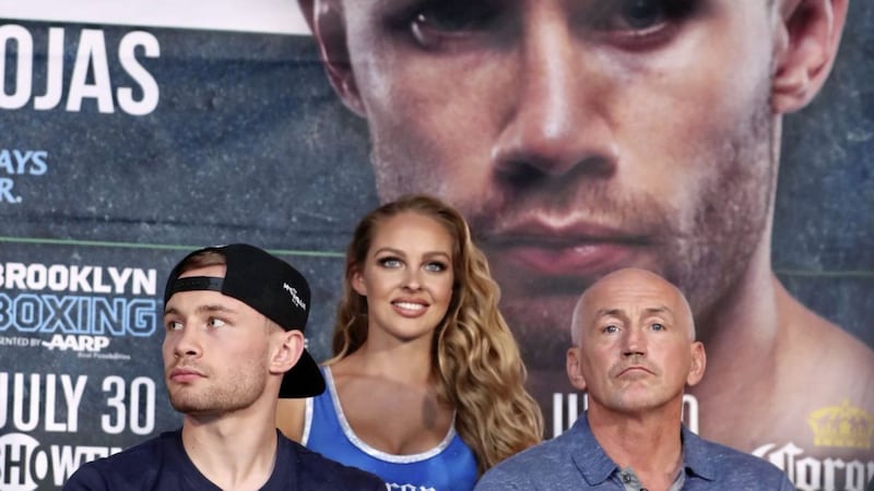 Carl Frampton and his then manager Barry McGuigan during his press conference in 2016 