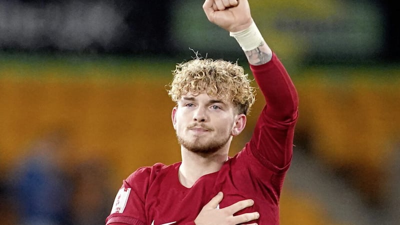 Liverpool&#39;s Harvey Elliott salutes the travelling support after his goal had given Jurgen Klopp&#39;s side victory over Wolves in the FA Cup third-round replay 