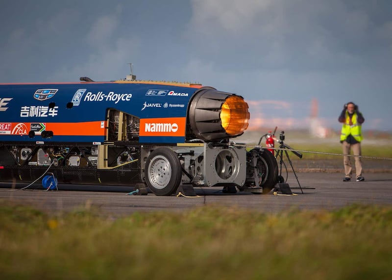 The Bloodhound 1,000mph supersonic racing car during a trial at Cornwall Airport Newquay (Stefan Marjoram/PA)