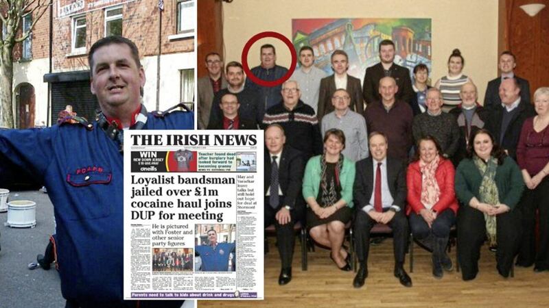 Mark Officer, the photo posted by the DUP&#39;s north Belfast branch on Twitter, and inset, Irish News coverage of the meeting 