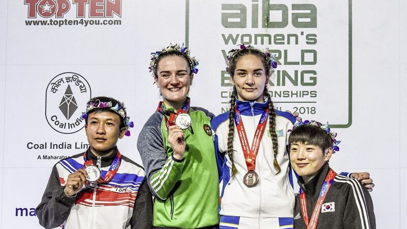 24 November 2018; Medallists from left, silver Sudaporn Seesondee of Thailand, gold Kellie Harrington of Ireland, bronze Karina Ibragimova of Kazakhstan and Oh Yeonji of South Korea following the AIBA Women&#39;s World Boxing Championships 2018 Lightweight 60kg Final at the Indira Gandhi Sport Complex in New Delhi, India. Photo by AIBA/Sportsfile. 