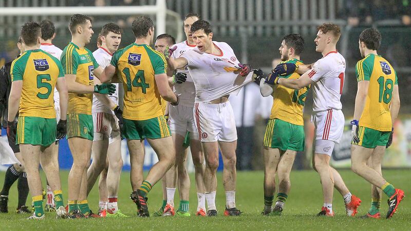 Tyrone captain Sean Cavanagh (centre), Mattie Donnelly and Peter Harte were all deployed as lone targetmen at some stage during last weekend's defeat to Donegal. Picture by Martin McLaughlin