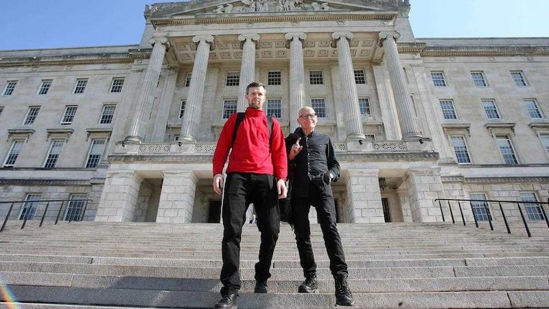Newly elected People Before Profit MLAs Eamonn McCann and Gerry Carroll arrive at Stormont. Picture Mal by McCann 