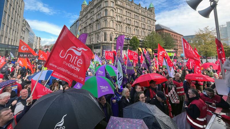 Crowds of union members gathered at Belfast City Hall on day two of a 48 hour strike by healthcare workers