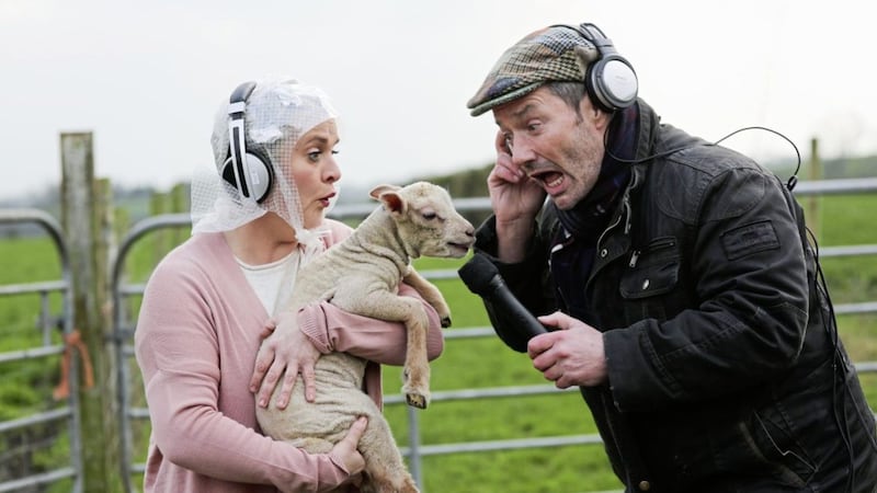 Marty Maguire and Jo Donnelly in character as two community radio presenters in Jimmy Kerr&#39;s &#39;radio play&#39; Ardnaglass on the Air 