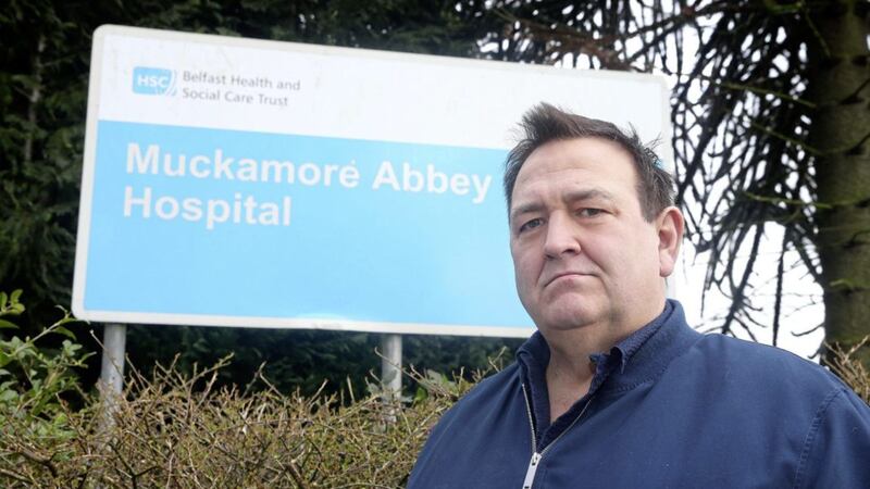 Glynn Brown at the entrance to Muckamore Abbey Hospital. Picture by Mal McCann 