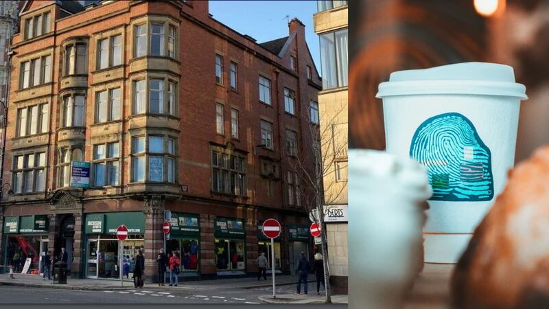 Image of a building and a second picture of a disposable coffee cup.