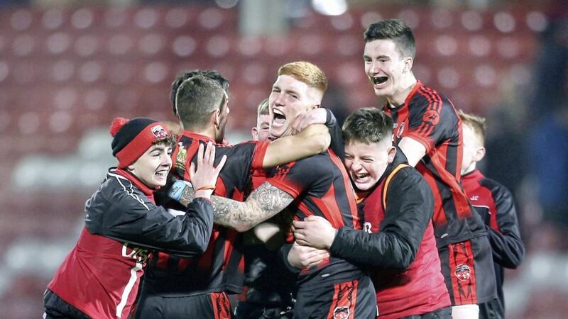 Players from Red Hugh&#39;s celebrate after beating Limavady in the AIB Ulster Club Junior Football Championship final at Celtic Park on Saturday evening Picture by Margaret McLaughlin 
