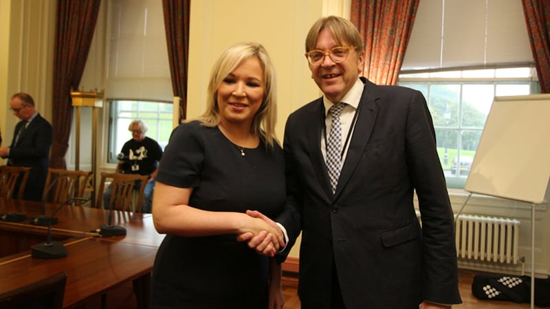Sinn F&eacute;in's leader in the north Michelle O'Neill meets Guy Verhofstadt at Stormont. Photo: Sinn F&eacute;in/Twitter&nbsp;