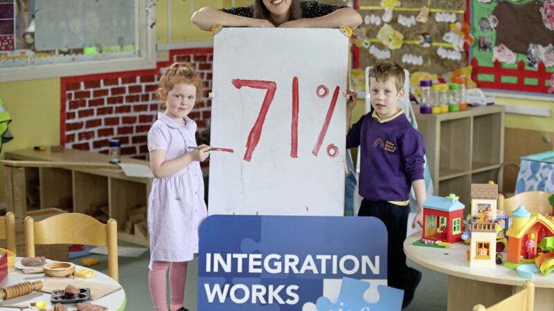 Brefne Nursery School pupils Emily and Ethan along with the Integrated Education Fund&#39;s Jill Caskey 