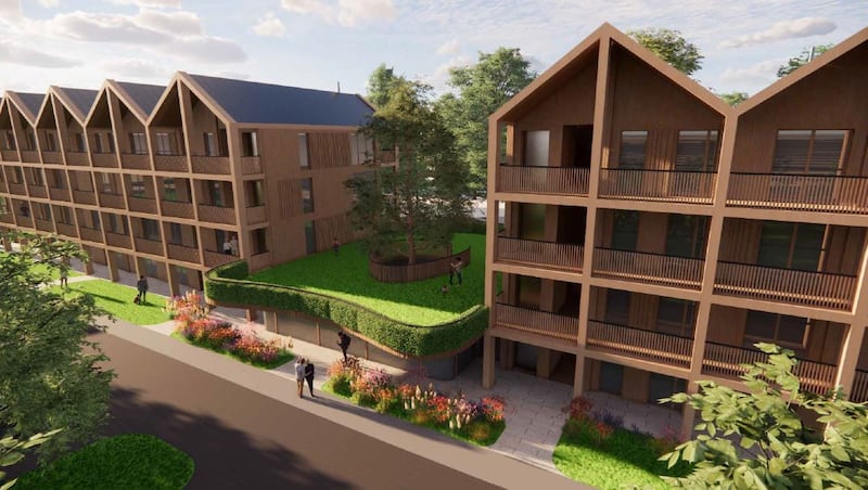 CGI design image of timber frame apartments on four levels.