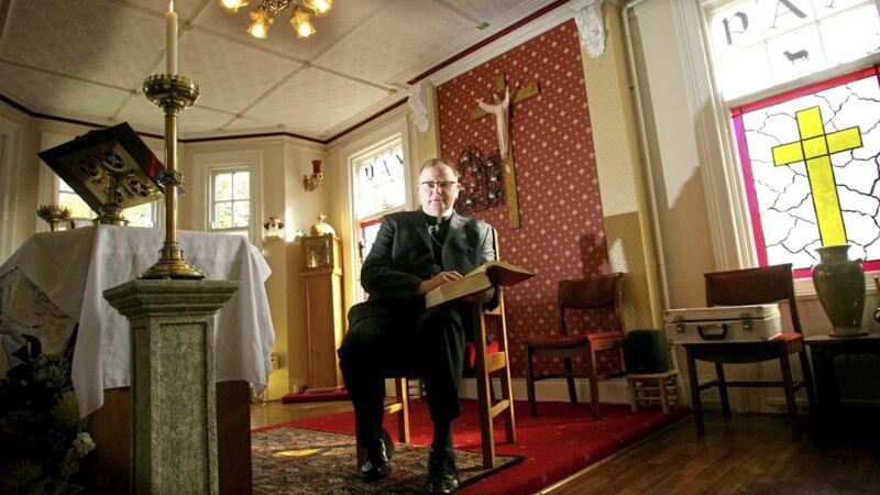 Self-styled bishop Pat Buckley pictured in his Ortory in Larne. Picture by Hugh Russell 