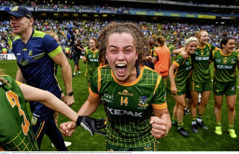 The fearless Emma Duggan celebrates after Meath won the All-Ireland Ladies&#39; Senior Football Championship. Picture by E&oacute;in Noonan/Sportsfile 