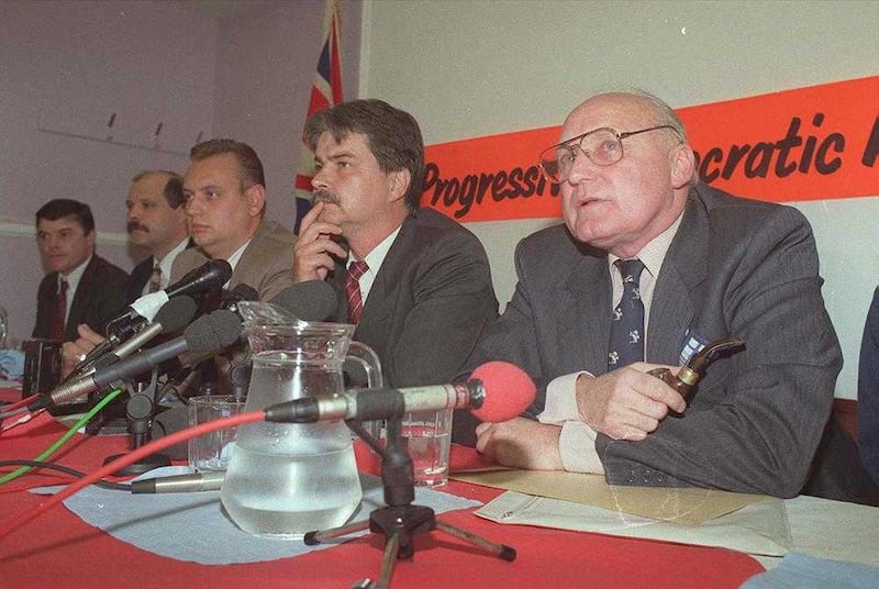 Former UVF leader Gusty Spence (right) announced the loyalist ceasefires in 1994 