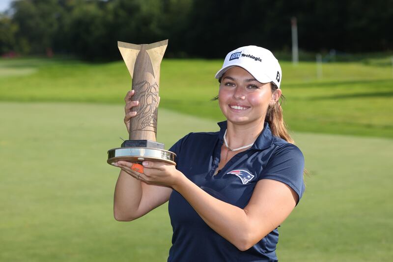  	Alexa Pano lifts the trophy after winning the ISPS Handa World Invitational at the Galgorm Castle Golf Club     Picture: PA