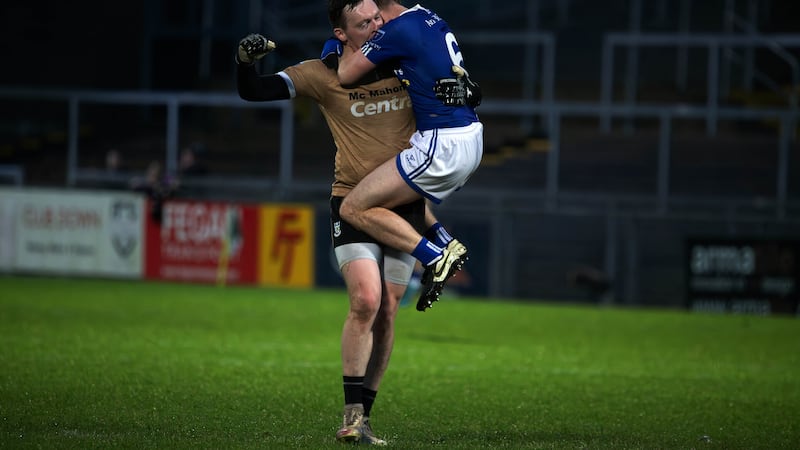 Scotstown match-winner Rory Beggan is congratulated by Donal Morgan after Sunday's Ulster Club SFC victory over Kilcoo. Beggan's father Ben was part of the last Scotstown team to win the Ulster club title in 1989     Picture by Seamus Loughran
