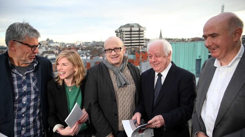 The Irish Film Board launch 2016's projects at the Clarence Hotel in Dublin. From left, director Paddy Breathnach, Derry-born actress and scriptwriter Eva Birththistle, director Lenny Abrahamson, director Jim Sheridan and chief executive of the Irish Film Board James Hickey.&nbsp;Picture by Brian Lawless, PA Wire&nbsp;
