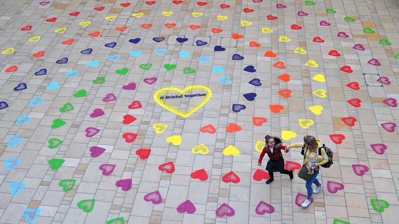 The colourful hearts, each nearly 20in (50cm) wide, culminate in an installation in the atrium of the Cabot Circus shopping centre.