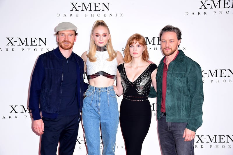 Michael Fassbender (left to right), Sophie Turner, Jessica Chastain and James McAvoy at the X-Men: Dark Phoenix Photocall – London