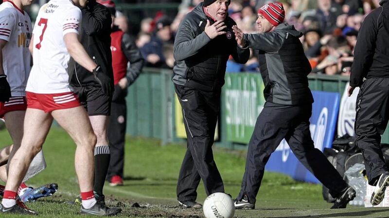 Tyrone' joint-bosses Feargal Logan and Brian Dooher react to their side receiving four red cards late on in their Division One defeat away to Armagh in February.<br /> Pic Philip Walsh