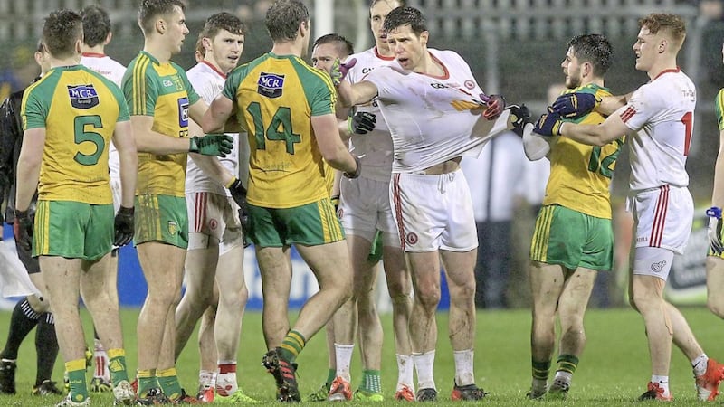 Donegal&#39;s Michael Murphy exchanges words with Sean Cavanagh of Tyrone during their AFL match at Ballybofey. Picture by bMargaret McLaughlin. 