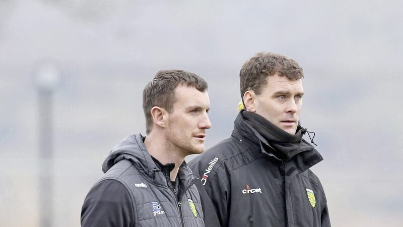 Donegal u-20 management Leo McLoone with Eamon McGee during the Leo Murphy Cup match against Derry played at Owenbeg on Saturday 11th February 2023. Picture Margaret McLaughlin  