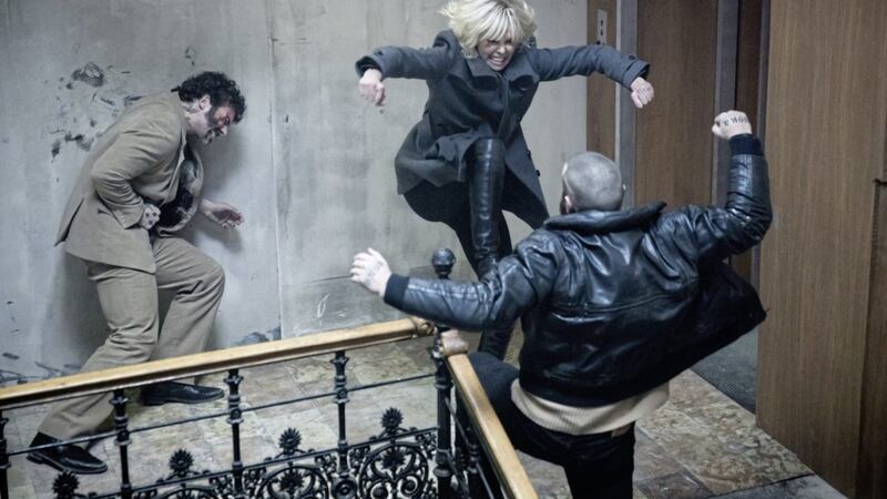 Charlize Theron as 1980s spy Lorraine Broughton in Atomic Blonde&#39;s bravura fight sequence 