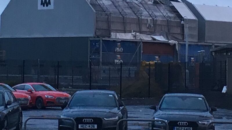 &nbsp;A sizeable chunk of a factory roof at Harland and Wolff&nbsp;has been ripped off by Storm Eleanor. Picture by Paul Semple @paulsemps75.<br />&nbsp;