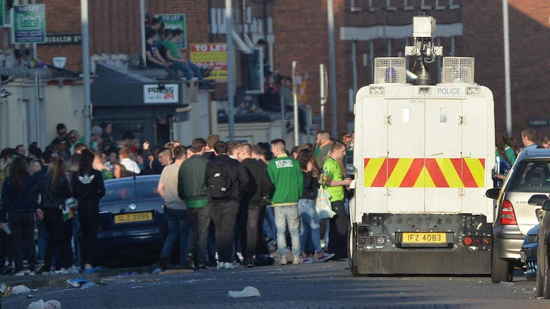 A police presence in the Holyands area of south Belfast during St Patrick&#39;s Day earlier this year 