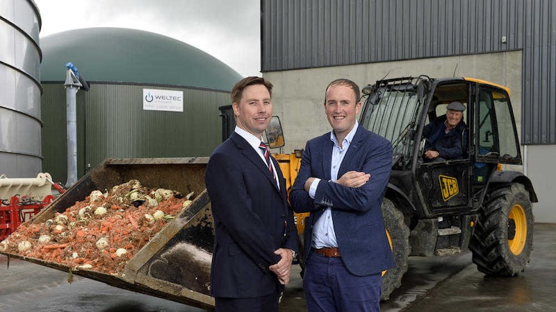 Richard Stack, left, Danske Bank and William Gilpin at the family farm in Loughgall 