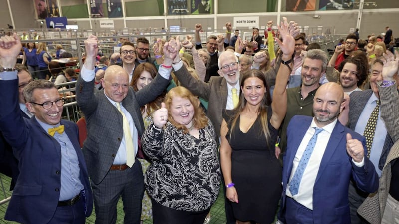 Alliance Party leader, Naomi Long congratulates Sorcha Eastwood, who was elected in Lagan Valley, John Blair, who was elected in South Antrim, Andrew Muir, who was elected in North Down and David Honeyford, who was elected in Lagan Valley. Picture by Stephen Davidson 
