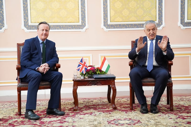 Lord David Cameron meets foreign minister Sirojiddin Muhriddin in Dushanbe, Tajikistan