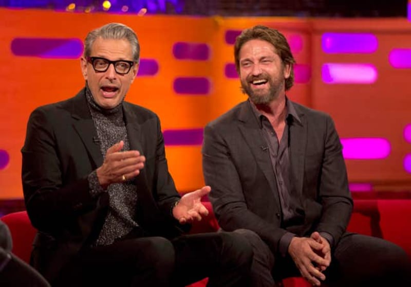 Jeff Goldblum and Gerard Butler chat on the couch on The Graham Norton Show