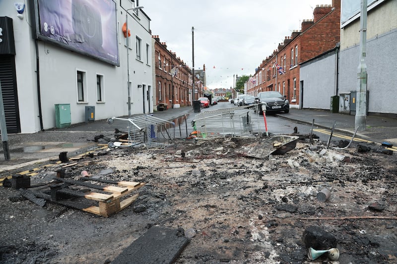 Bloomdale street in east Belfast after the 11th Night bonfire 