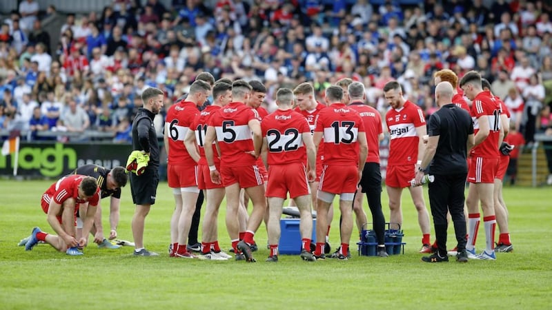 Derry at the start of the Ulster GAA Senior Football Championship Semi-Final between Derry and Monaghan  at The Athletic Grounds Armagh on 05-15-2022. Pic Philip Walsh. 