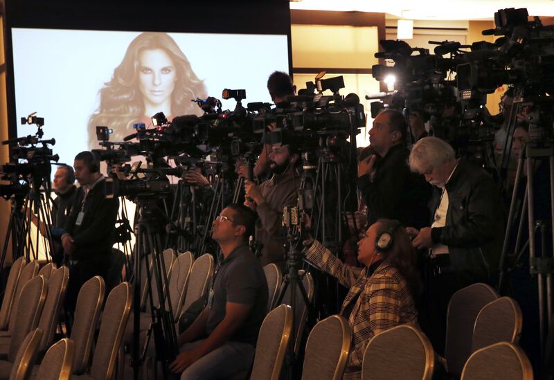 Members of the press cover a press conference by Kate del Castillo in Mexico City