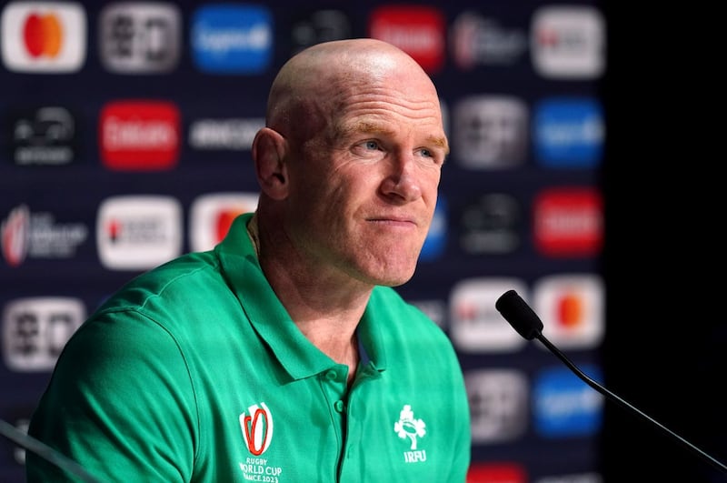 Ireland forwards coach Paul O’Connell speaking during a pre-match press conference in Paris 