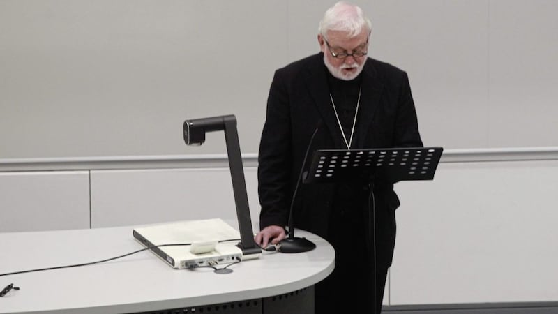 Archbishop Paul Richard Gallagher speaking about the late Cardinal Cahal Daly in Queen&#39;s University, Belfast. Picture by Matt Bohill 