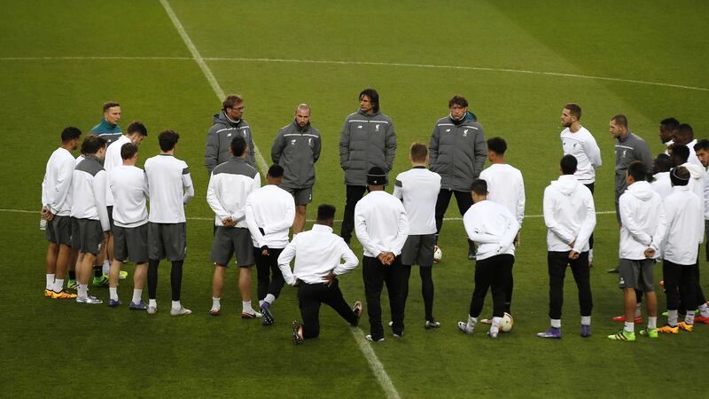 Liverpool manager Jurgen Klopp addresses his squad on the Old Trafford pitch on Wednesday<br />Picture by PA&nbsp;
