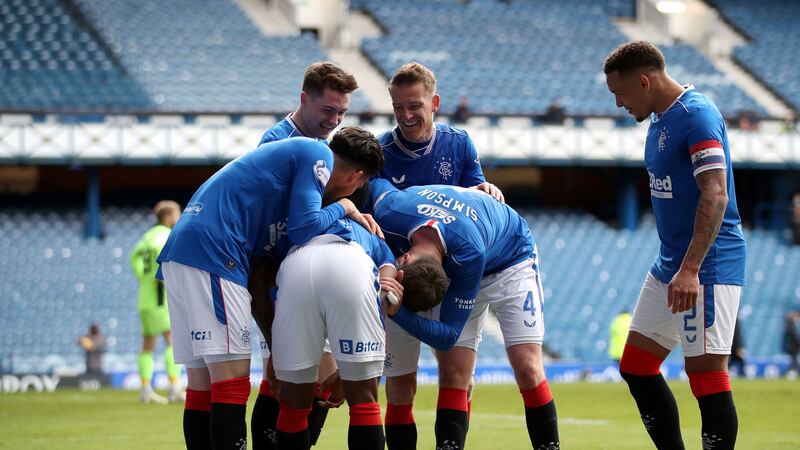 Jermain Defoe celebrates with team-mates after scoring Rangers fourth goal of the game during the Scottish Premiership match at Ibrox Stadium, Glasgow on&nbsp;Sunday May 2, 2021. Picture by&nbsp;Jane Barlow/PA Wire.&nbsp;