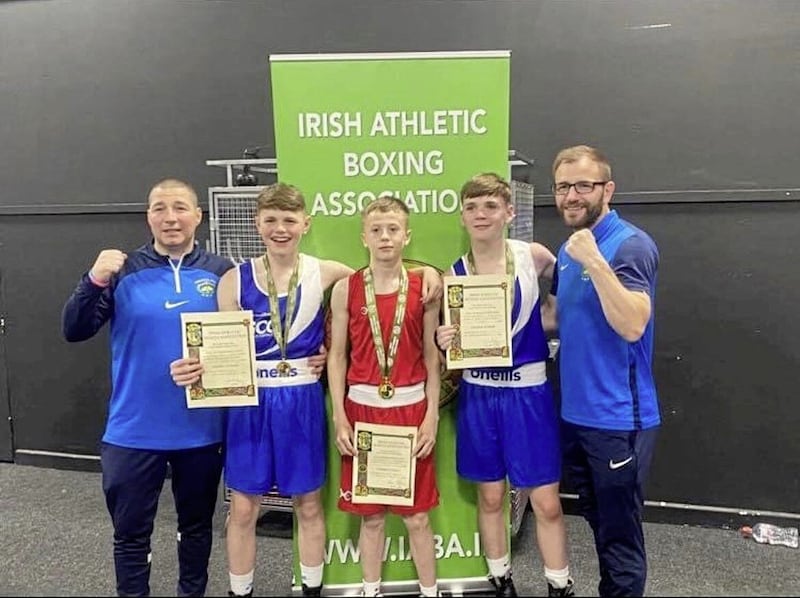 Immaculata coaches Frankie Slane and Martin Lindsay with newly-crowned Irish cadet champions Padraig Walsh, Lee Largey Snodden and Kai Dynes 