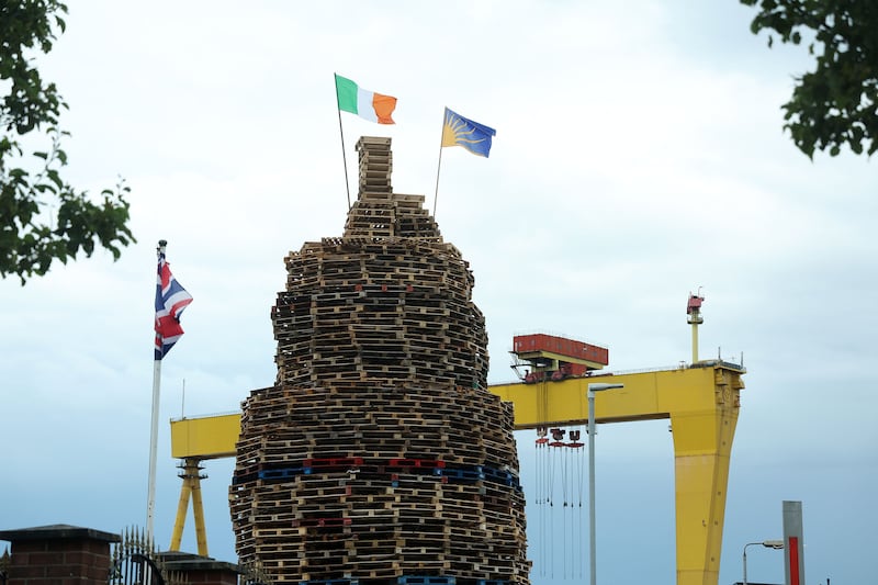 Irish flags on a bonfire in Pitt Park in east Belfast