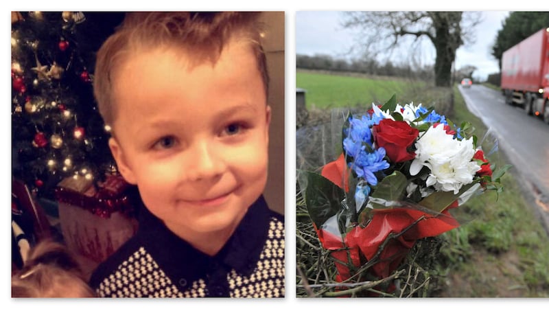 Seven-year-old Jackson Turner died in hospital on St Stephen's Day. Picture from Facebook. Floral tributes marking the spot where the accident happened (right)