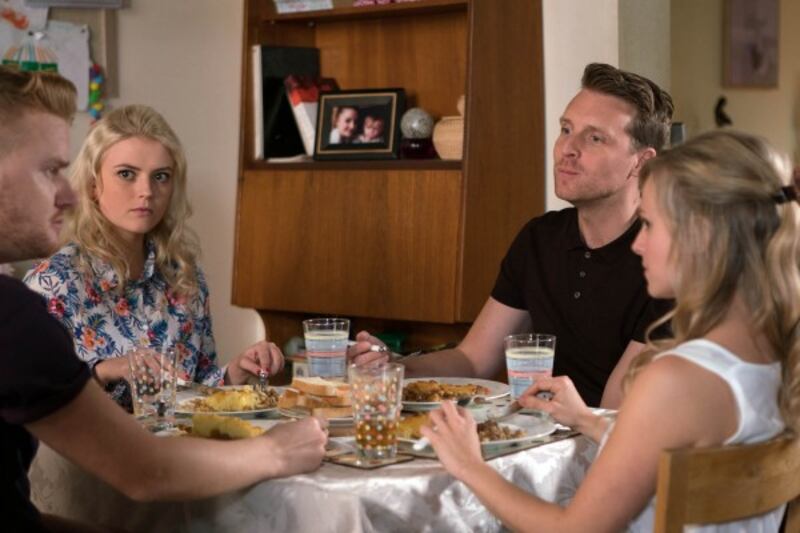 Nathan (Christopher Harper) tells Sarah Platt (Tina O'Brien) he only has Bethany Platt's (Lucy Fallon's) best interests at heart (ITV)