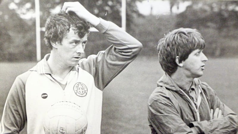 Clan na Gael clubman Jimmy Smyth (left) was a star of the Armagh side that reached the 1977 All-Ireland final and went on to become a popular GAA commentator. Also pictured is another Armagh GAA great Charlie Sweeney (RIP) (right) whose involvement as a trainer at county, university and club levels singled him out as a rare mentoring talent.&nbsp;<br />&nbsp;