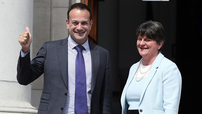 Taoiseach Leo Varadkar welcoming DUP leader Arlene Foster to Government Buildings in Dublin earlier this year