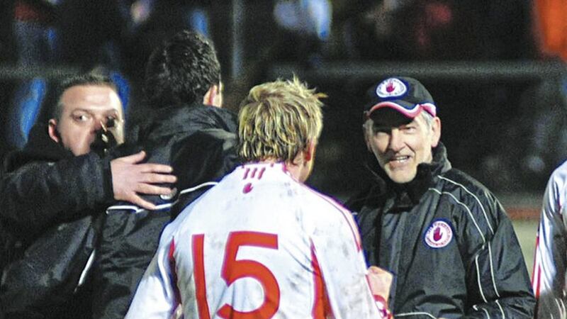 Owen Mulligan greets then Tyrone manager Mickey Harte after a league victory over Kerry 